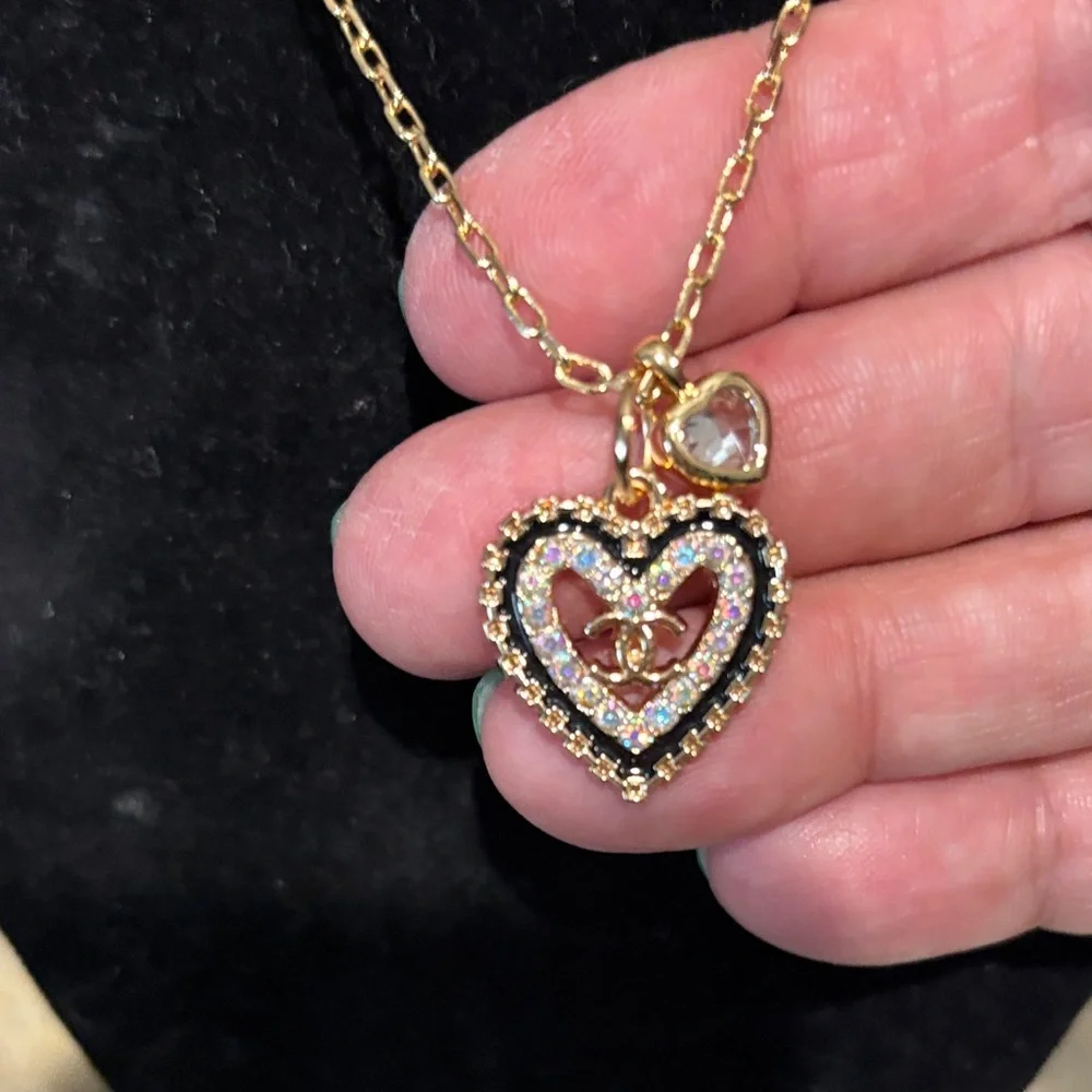 Gold Chain necklace with a designer logo Crystal heart charm - Picture 2 of 5